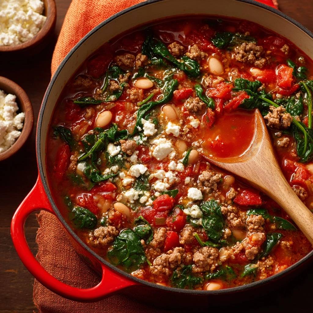 Mediterraner Hack-Spinat-Eintopf mit Bohnen und Feta, serviert im Topf mit einem Holzlöffel und Feta-Garnitur.