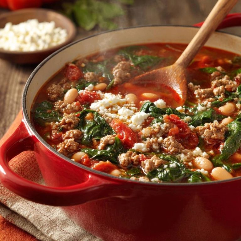 Mediterraner Hack-Spinat-Eintopf mit Bohnen und Feta, serviert in einem roten Topf mit einem Holzlöffel, Nahaufnahme.