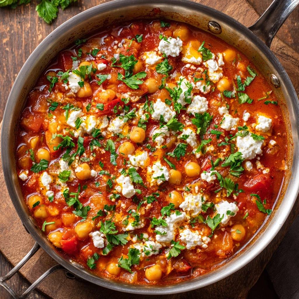 Mediterraner Kichererbsen-Tomaten-Eintopf mit Feta, garniert mit frischer Petersilie, in einer Pfanne von oben fotografiert.