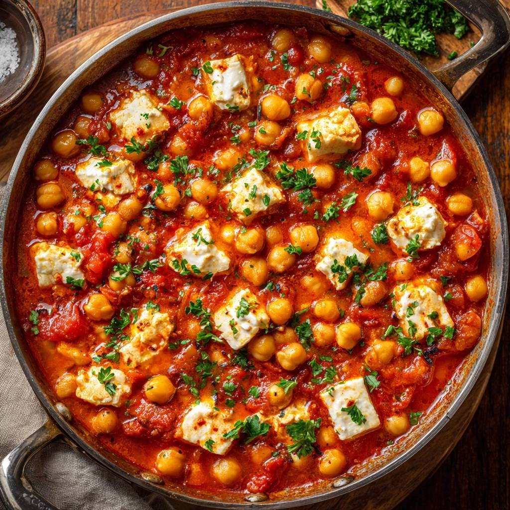 Mediterraner Kichererbsen-Tomaten-Eintopf mit Feta, von oben gesehen in einer Pfanne mit Stückchen von Feta und Petersilie garniert.