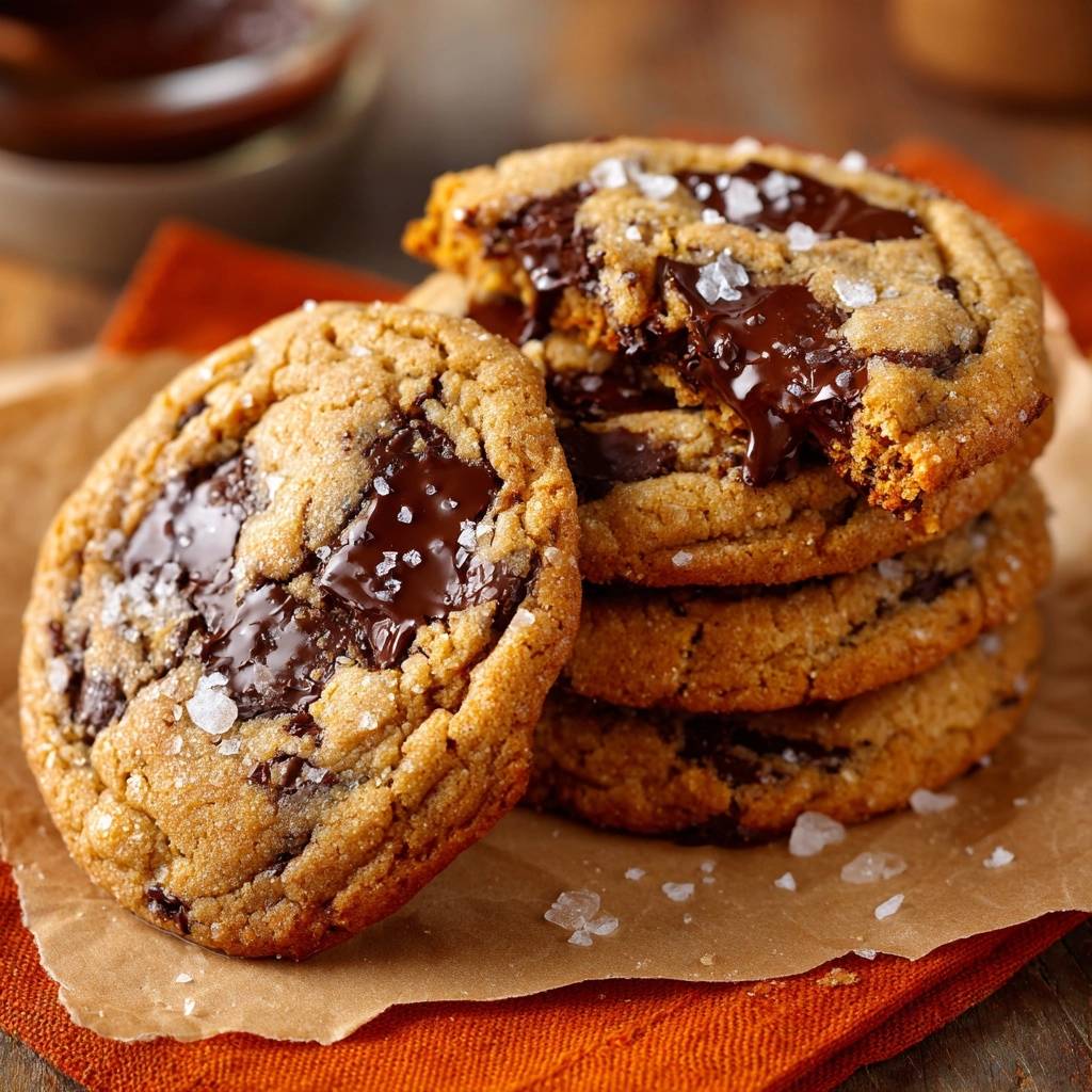 Meersalz-Schoko-Chip-Cookies mit geschmolzener Schokolade und grobem Meersalz, Nahaufnahme der Textur.