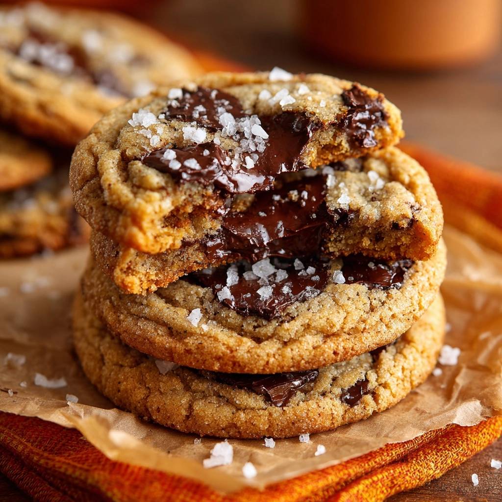 Meersalz-Schoko-Chip-Cookies gestapelt und angeschnitten, die geschmolzenen Schokoladenstückchen und grobes Meersalz sind deutlich sichtbar.