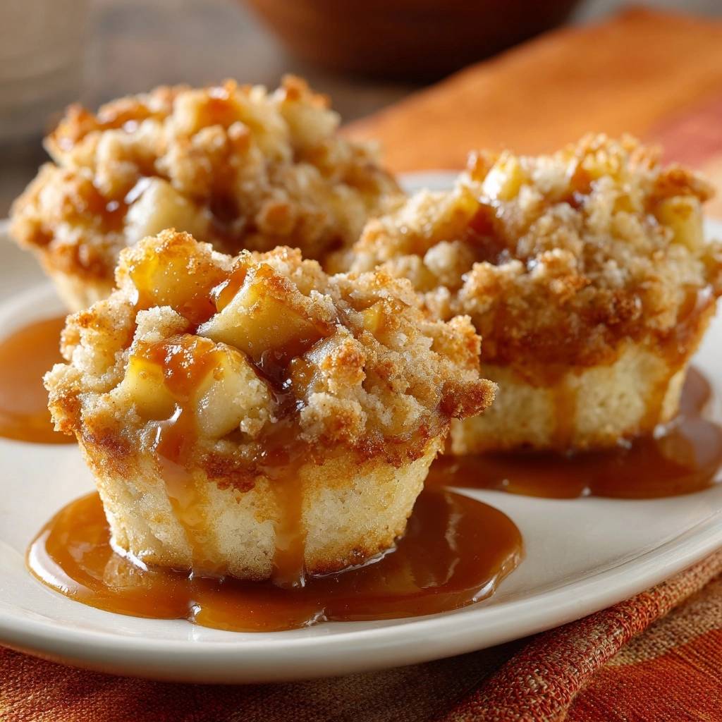 Mini-Apfel-Streusel-Crumble mit Karamellsauce, serviert auf einem Teller mit reichlich glänzender Karamellsauce, die an den Seiten herunterläuft.
