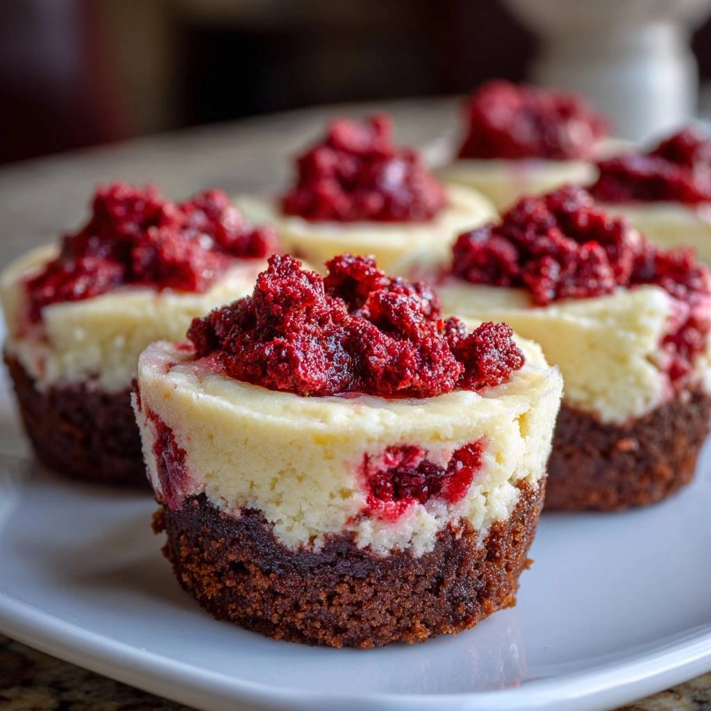 Mini Himbeer-Schoko-Cheesecake mit Himbeertopping, Nahaufnahme eines einzelnen Kuchens auf einem Teller