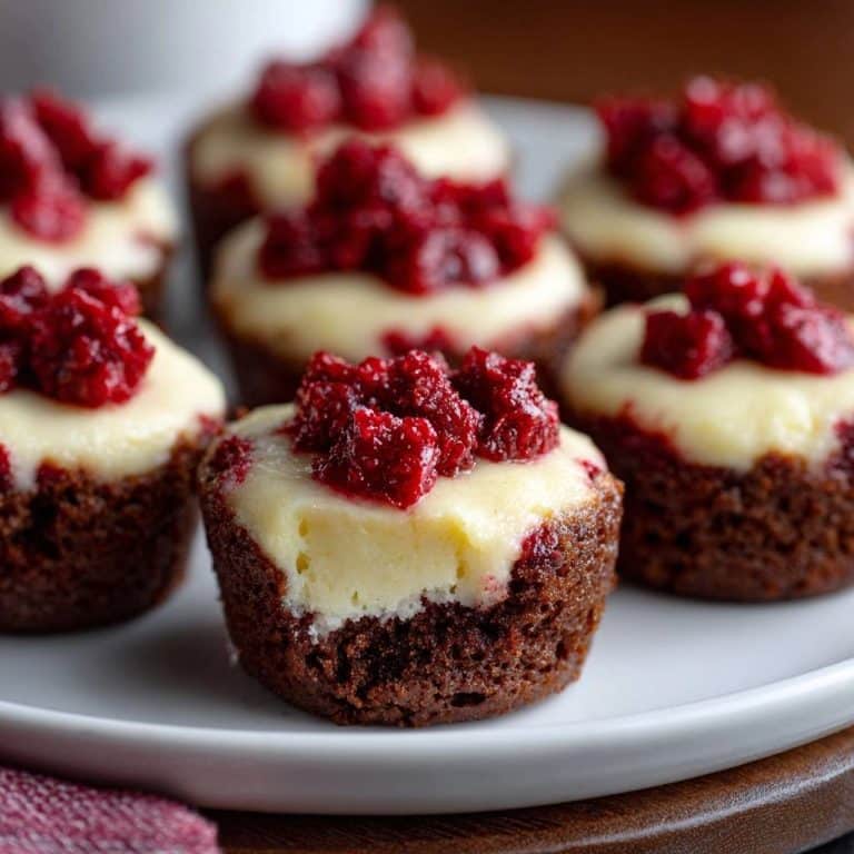 Mini Himbeer-Schoko-Cheesecake angeschnitten auf einem Teller, mit cremigem Käsekuchen und Schokoladenboden, garniert mit Himbeeren.