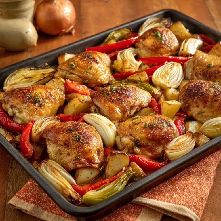 Ofen-Hähnchenschenkel mit Paprika, Kartoffeln und Fenchel, eine Nahaufnahme des saftigen Gerichts in einer Bratpfanne.