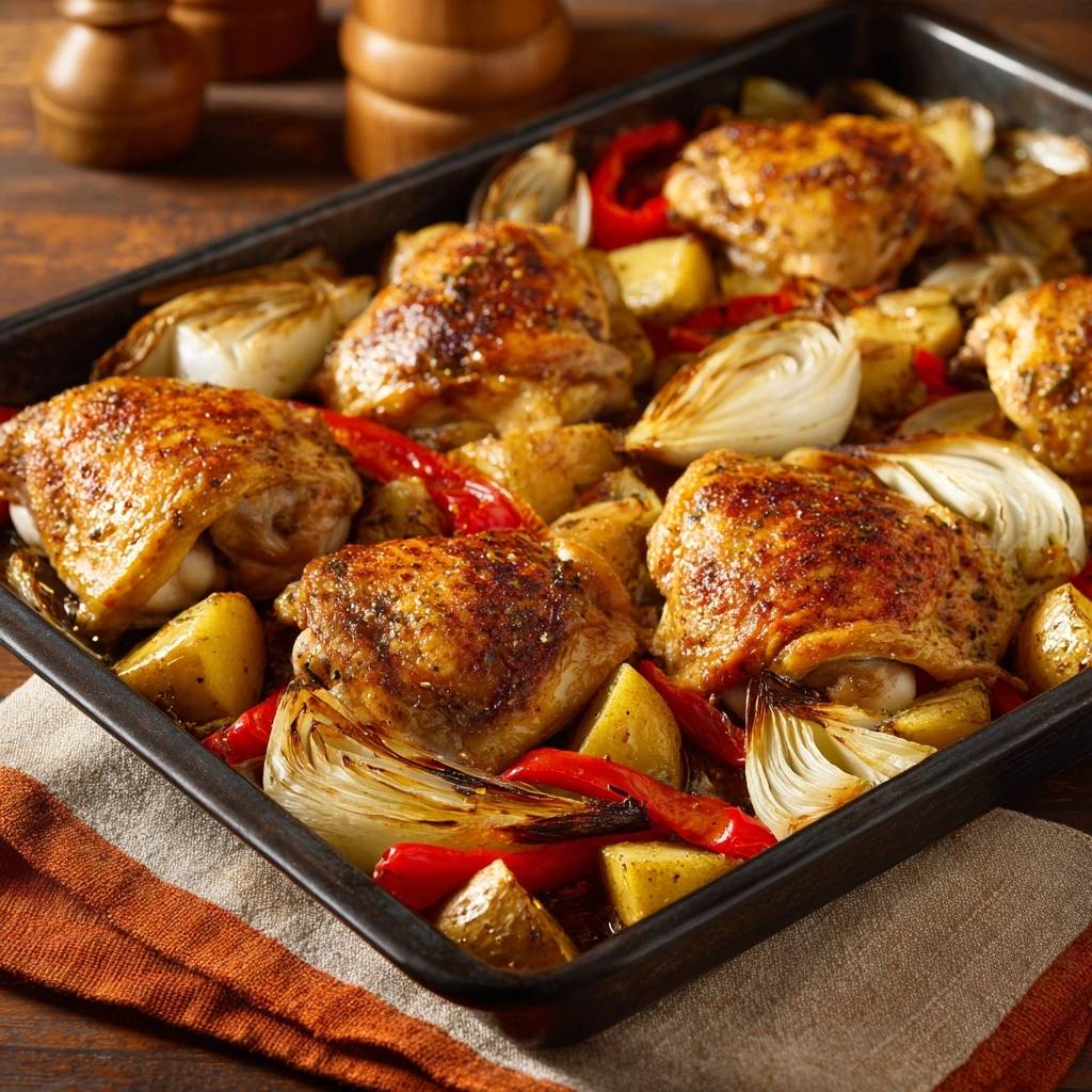 Ofen-Hähnchenschenkel mit Paprika, Kartoffeln und Fenchel, eine Nahaufnahme des gebratenen Gerichts in einer schwarzen Backform.