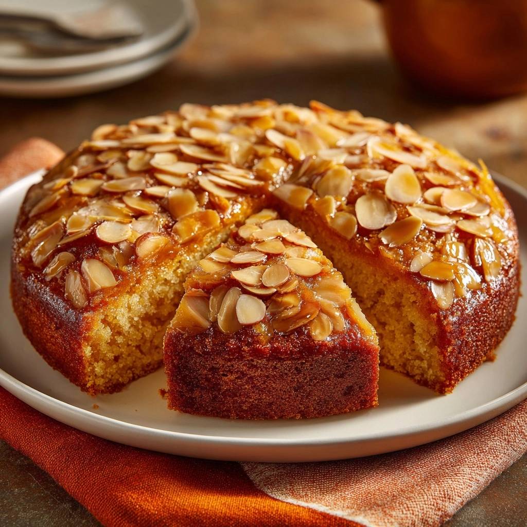 Orangen-Mandelkuchen angeschnitten, der die saftige Textur und die Mandeldecke zeigt.