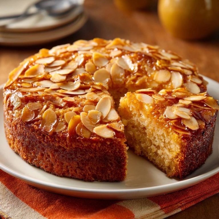 Orangen-Mandelkuchen angeschnitten mit vielen Mandelsplittern und Glasur, zeigt die saftige Kuchenstruktur im Detail.