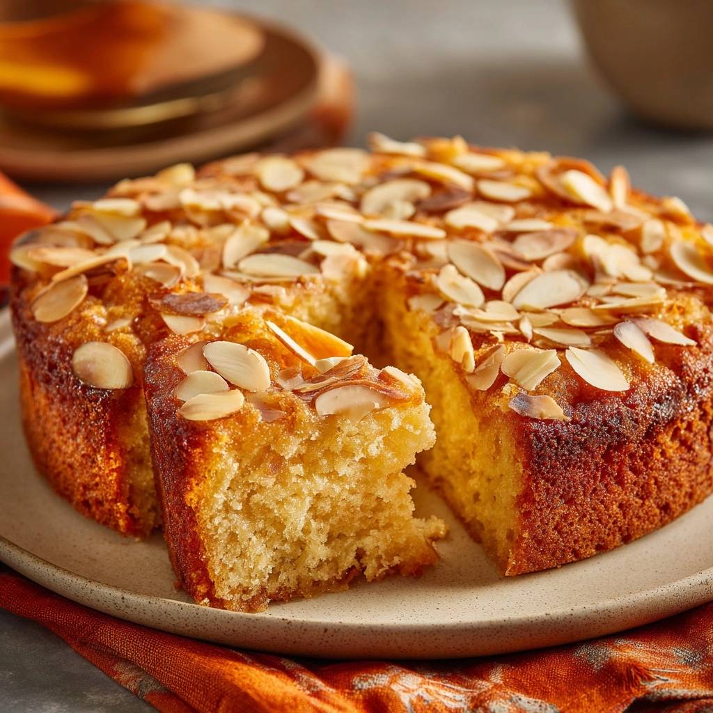 Orangen-Mandelkuchen angeschnitten auf einem Teller, mit gerösteten Mandeln garniert, zeigt die fluffige Krume.