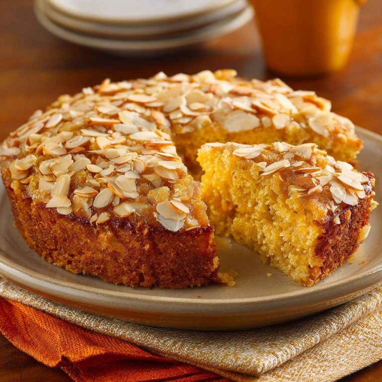Orangen-Mandelkuchen angeschnitten, Nahaufnahme der fluffigen Krume und Mandel-Topping auf einem Teller