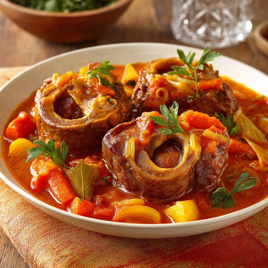 Ossobuco im Gemüse-Tomaten-Eintopf: Butterzart, Nahaufnahme von einem Stück mit Knochenmark und Gemüse.