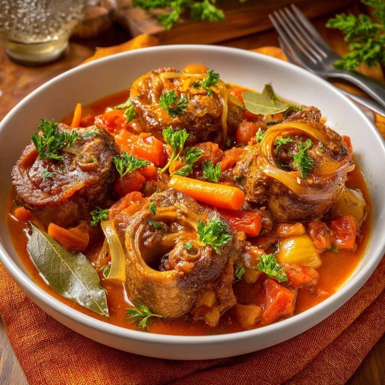 Ossobuco im Gemüse-Tomaten-Eintopf als Nahaufnahme, butterzart serviert in einer weißen Schüssel mit frischer Petersilie garniert.