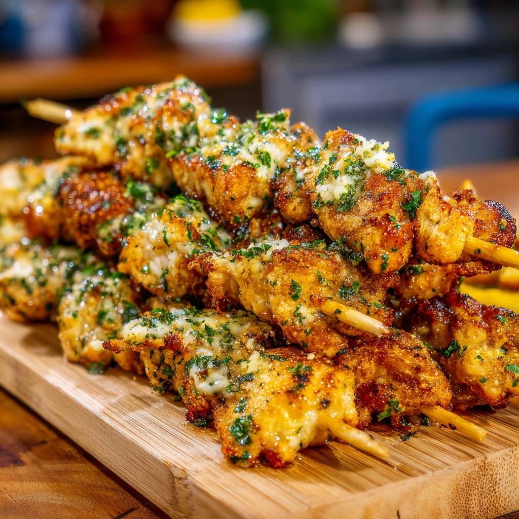 Knusprige Parmesan-Petersilie-Hähnchenspieße auf einem Holzbrett, Nahaufnahme der knusprigen Panade und frischen Kräutern.