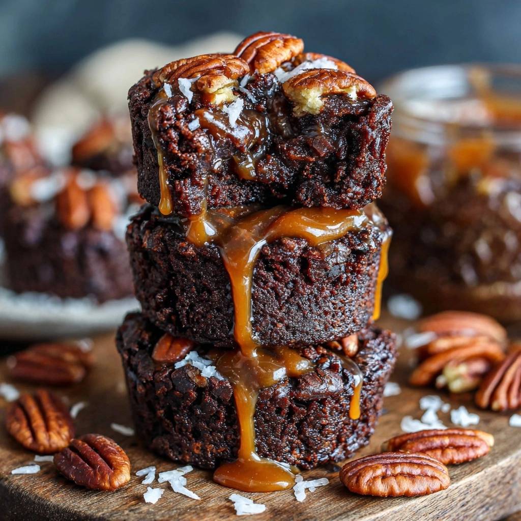 Pekannuss-Karamell-Brownies gestapelt mit einer saftigen Karamellglasur und garniert mit Pekannüssen.