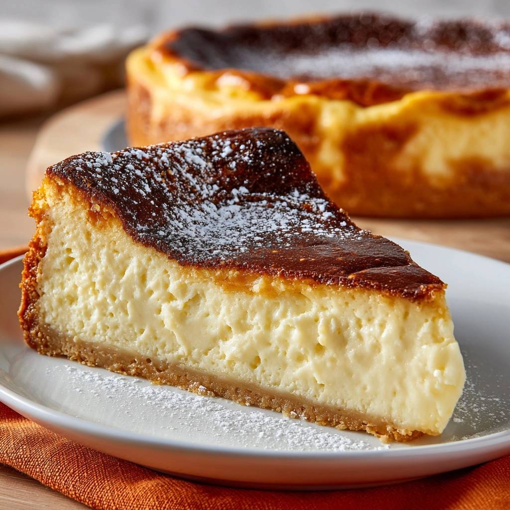 Perfekter cremiger Käsekuchen angeschnitten auf einem Teller mit Puderzucker bestäubt, im Hintergrund der ganze Kuchen