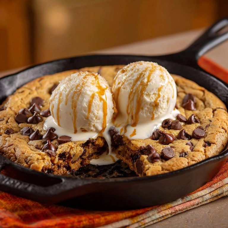 Pfannen-Chocolate-Chip-Cookie mit Vanilleeis, angeschnitten und mit Karamell beträufelt, in einer gusseisernen Pfanne serviert