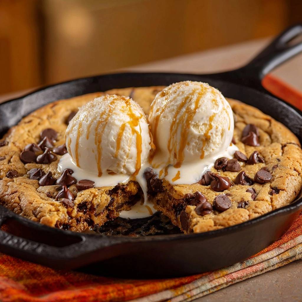 Pfannen-Chocolate-Chip-Cookie mit Vanilleeis, angeschnitten und mit Karamell beträufelt, in einer gusseisernen Pfanne serviert