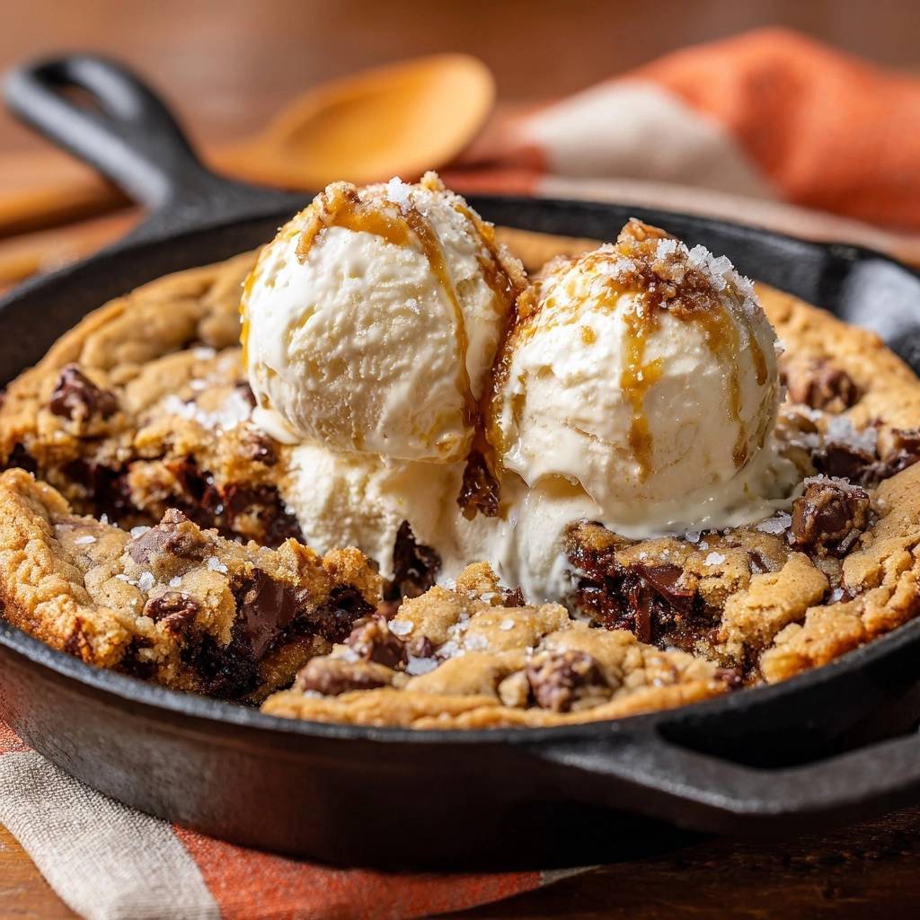 Pfannen-Chocolate-Chip-Cookie mit Vanilleeis, serviert in einer Gusseisenpfanne mit Karamellsauce und Meersalz.