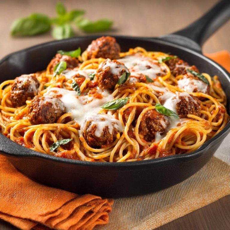 Pfannen-Spaghetti mit saftigen Fleischbällchen, serviert in einer gusseisernen Pfanne mit geschmolzenem Käse und frischem Basilikum.