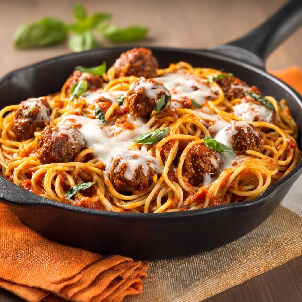 Pfannen-Spaghetti mit saftigen Fleischbällchen, serviert in einer gusseisernen Pfanne mit geschmolzenem Käse und frischem Basilikum.