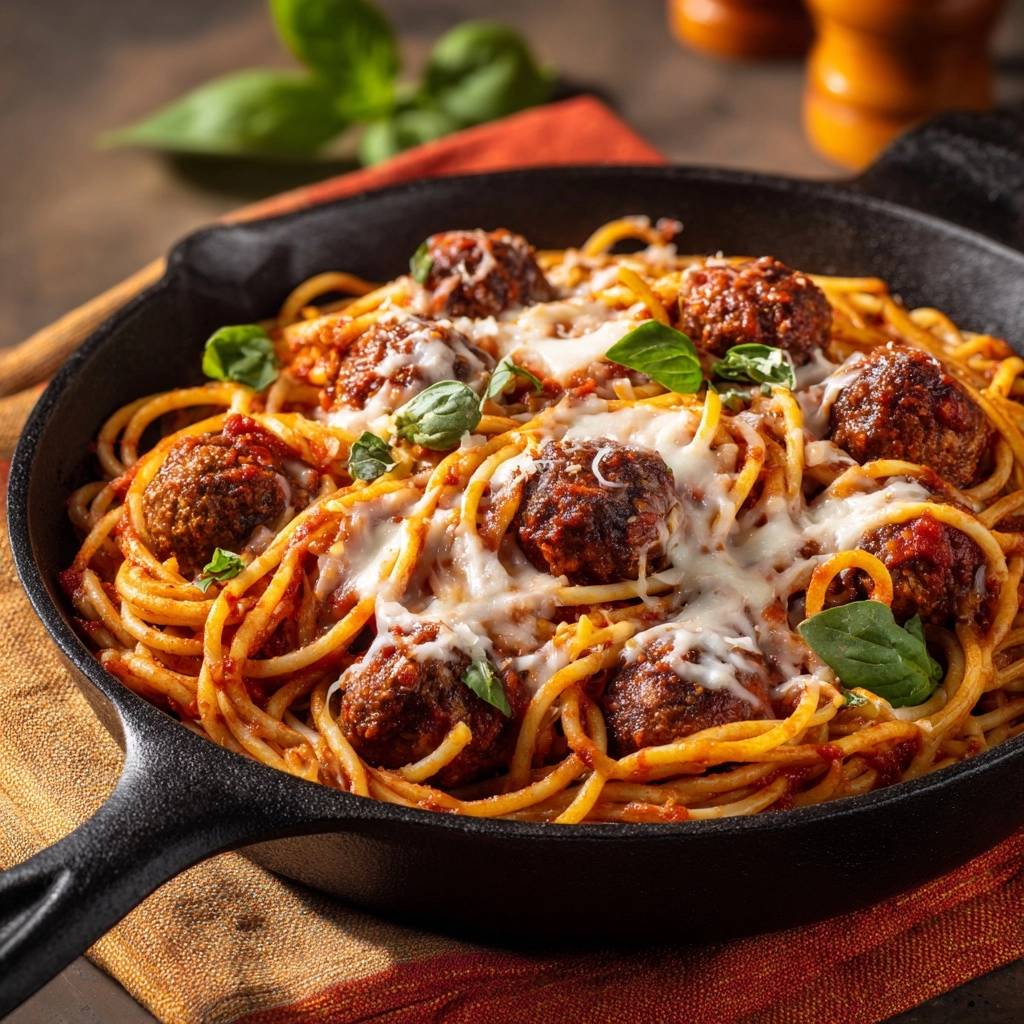 Pfannen-Spaghetti mit saftigen Fleischbällchen, serviert in einer schwarzen Gusspfanne mit geschmolzenem Käse und Basilikum.