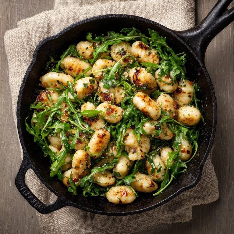 Knusprige Pfannengnocchi mit Rucola in einer Gusseisenpfanne von oben fotografiert.