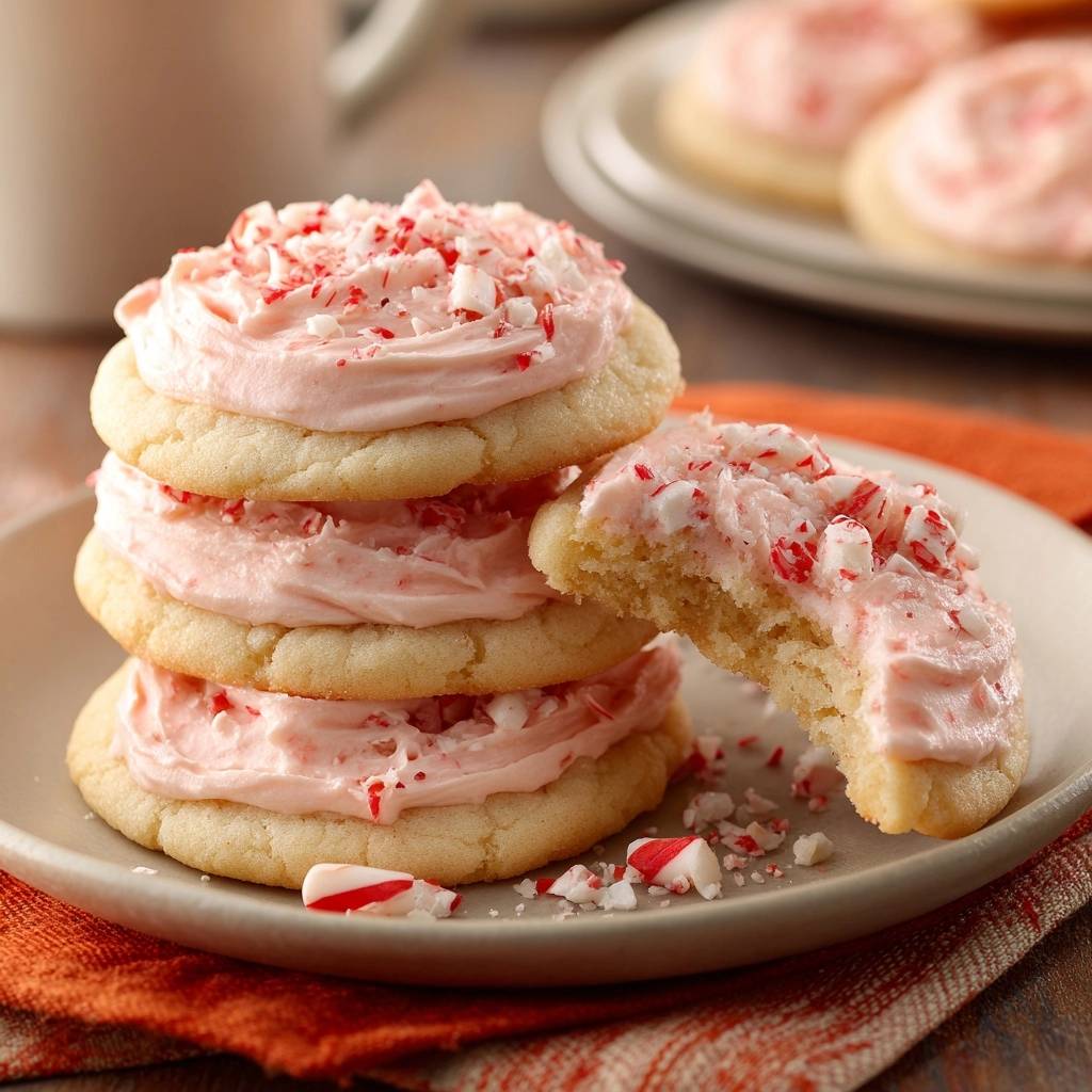 Pfefferminz-Frosting-Zuckerplätzchen angeschnitten, mit zerkleinertem Pfefferminz und rosa Zuckerguss.