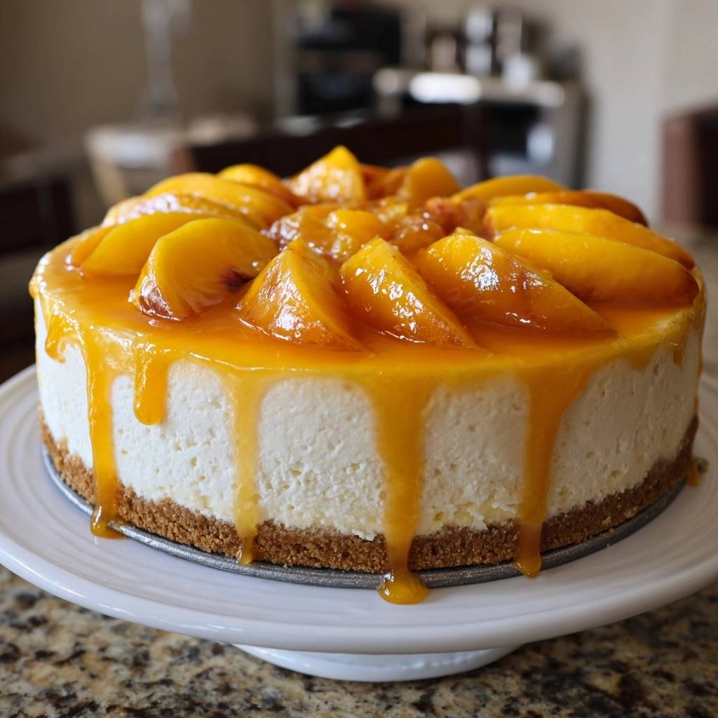 Pfirsich-Käsekuchen mit glasierten Pfirsichstücken und herunterlaufender Karamellsoße auf einem weißen Tortenständer.