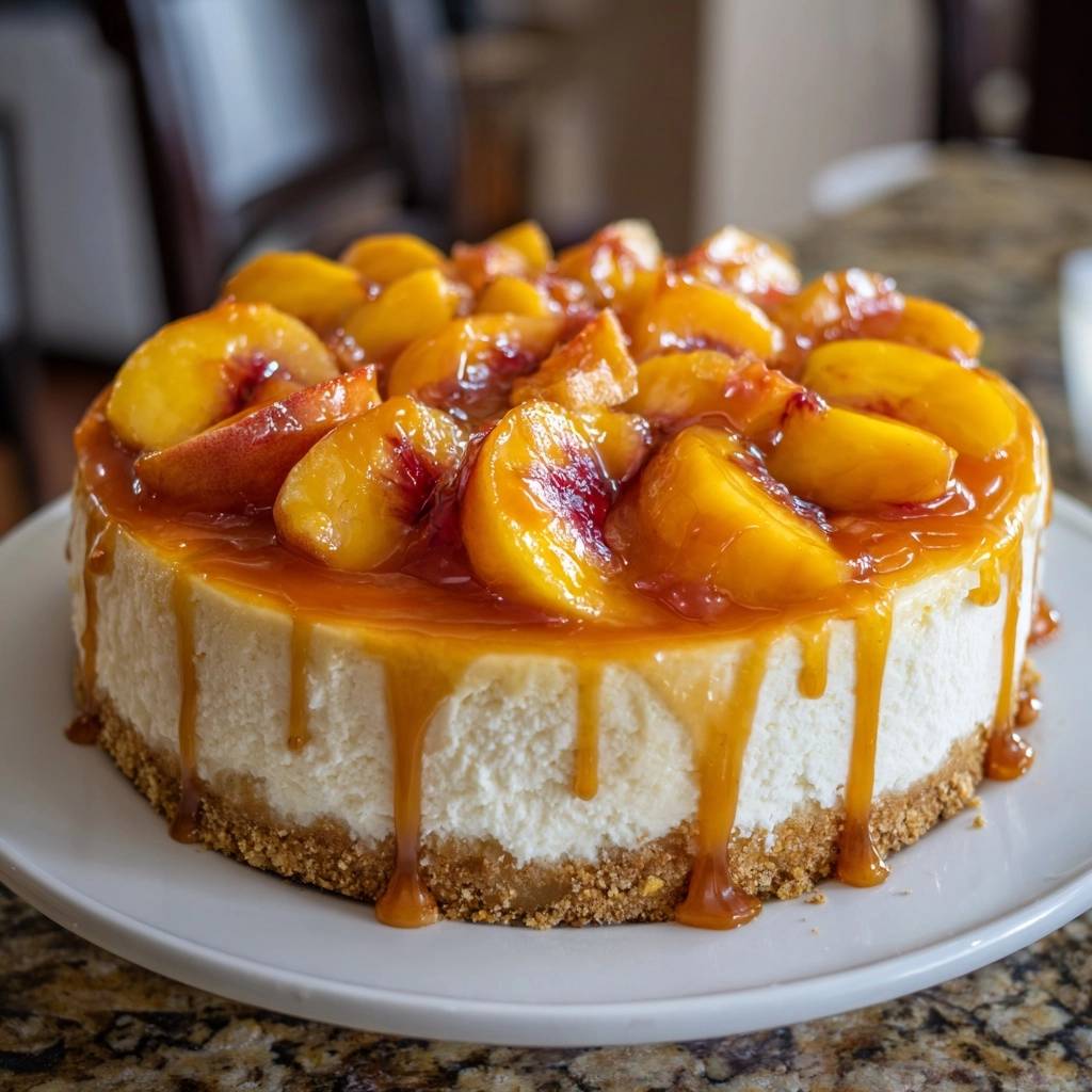 Pfirsich-Käsekuchen mit süßem Karamellglanz und saftigen Pfirsichstücken obendrauf, auf einem weißen Teller serviert.