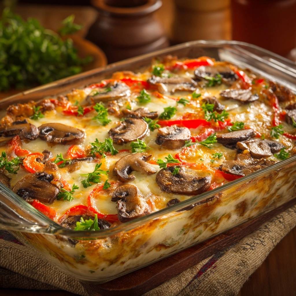 Cremiger Pilz-Paprika-Nudelauflauf, nah aufgenommen und mit frischer Petersilie garniert, zeigt geschmolzenen Käse und Pilzscheiben.