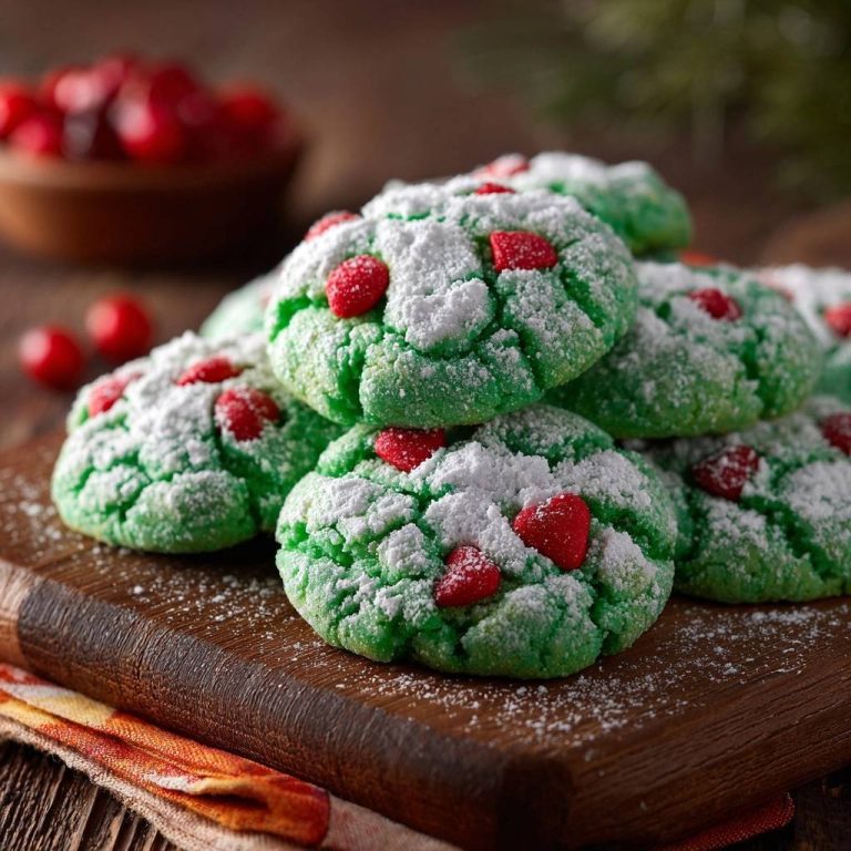 Pistazien-Cranberry-Crinkle-Cookies sind grün und mit Puderzucker bestäubt, mit roten Cranberries, die aus dem Teig hervorstechen.