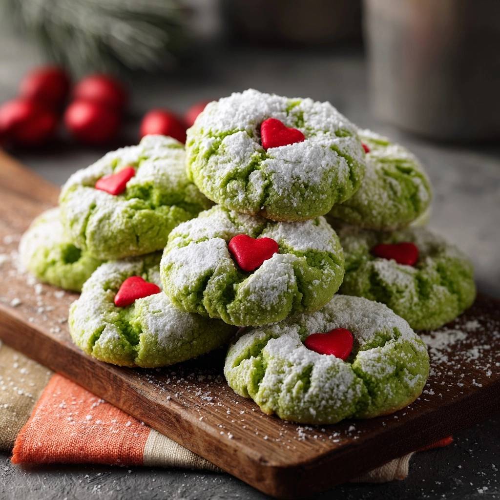 Pistazien-Cranberry-Crinkle-Cookies mit Puderzucker und roten Herzen auf einem Holzbrett, Nahaufnahme der grünen Kekse.