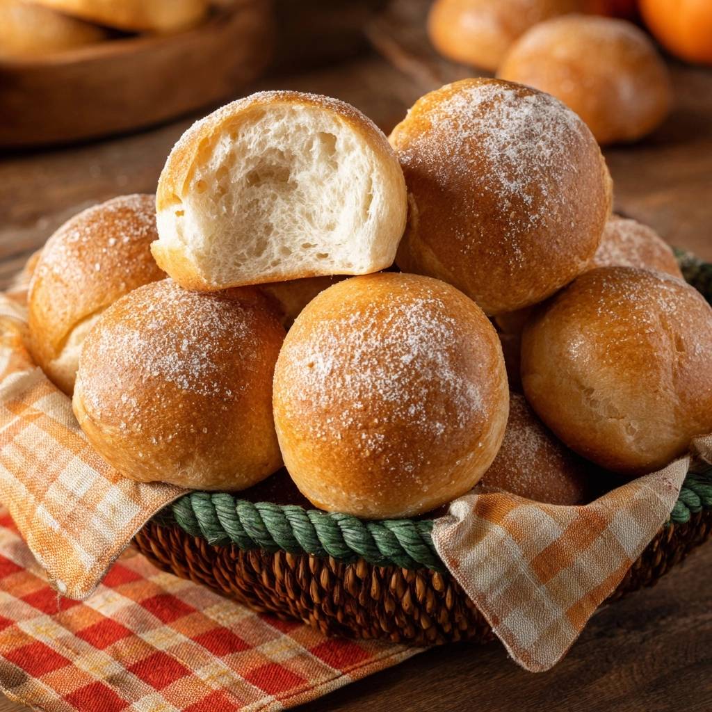 Fluffige Puderzucker-Brötchen angeschnitten, das Innere zeigt die luftige Krume des frisch gebackenen Gebäcks.
