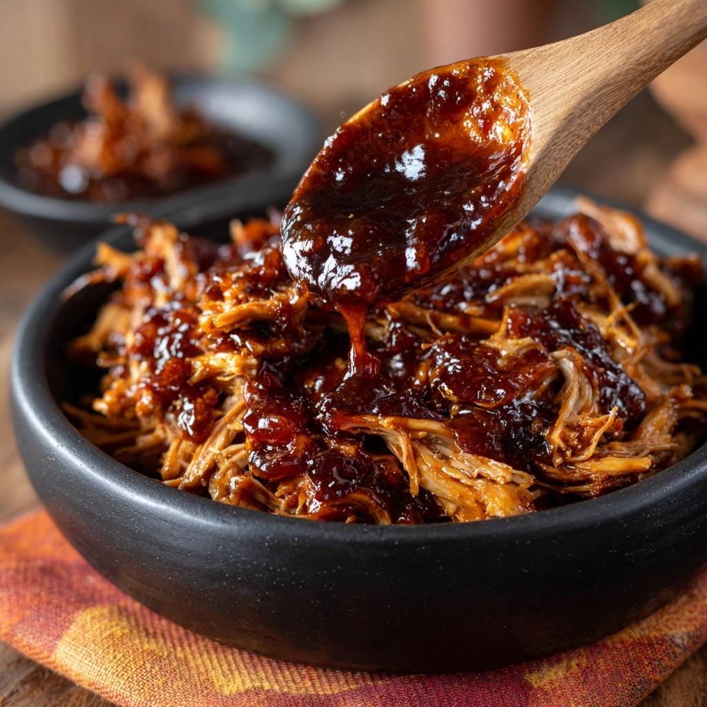 Pulled Beef mit BBQ-Sauce, das mit einem Holzlöffel übergossen wird, zeigt die glänzende Sauce.