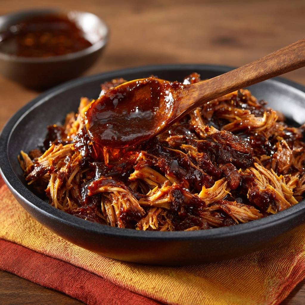 Pulled Beef mit BBQ-Sauce, das mit einem Holzkochlöffel übergossen wird, zeigt die saftige Textur.