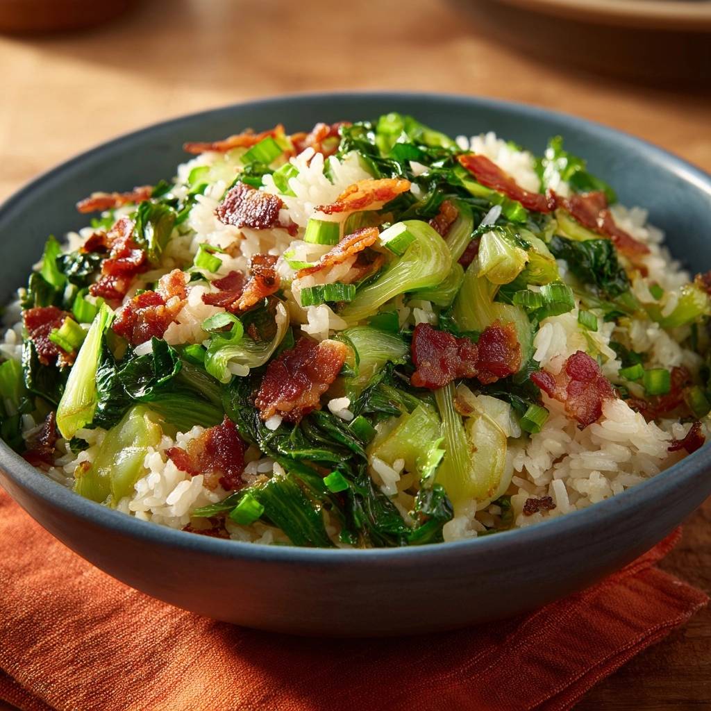 Knuspriger Räuchertofu-Pak-Choi-Reis mit knackigem Gemüse und Speckwürfeln als detaillierte Nahaufnahme in einer Schüssel.