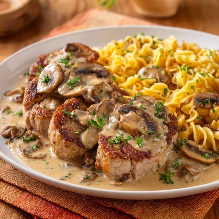 Saftiges Rinderfilet mit Pilzrahmsauce und Spätzle, serviert auf einem Teller mit Nudeln und Pilzen in Nahaufnahme.