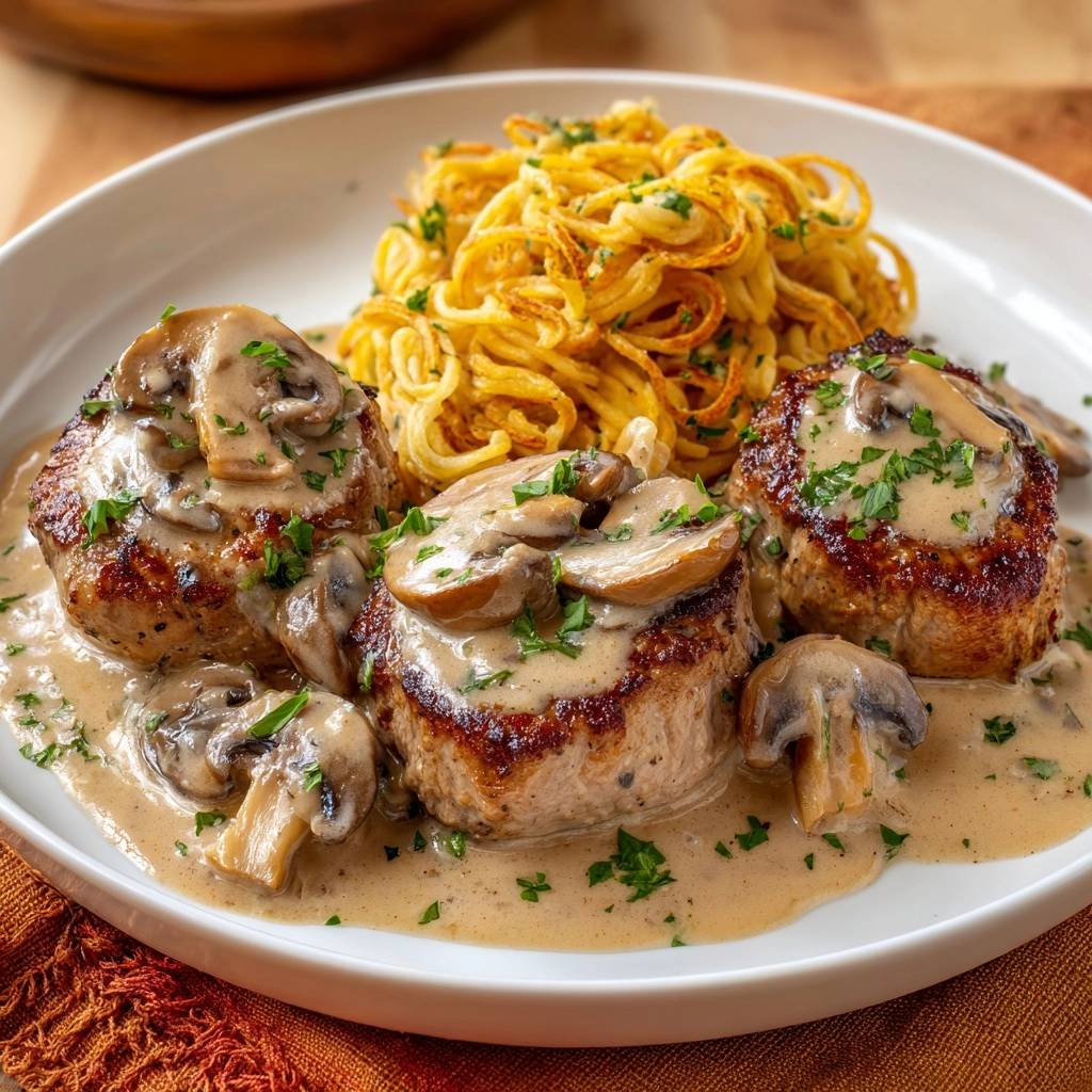 Saftiges Rinderfilet mit Pilzrahmsauce und Spätzle, serviert auf einem Teller mit Pilzscheiben und Petersilie garniert.