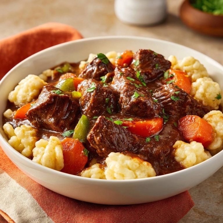 Rindergulasch mit Knödeln, Nahaufnahme der herzhaften Fleischstücke und Gemüse in reichhaltiger Sauce.