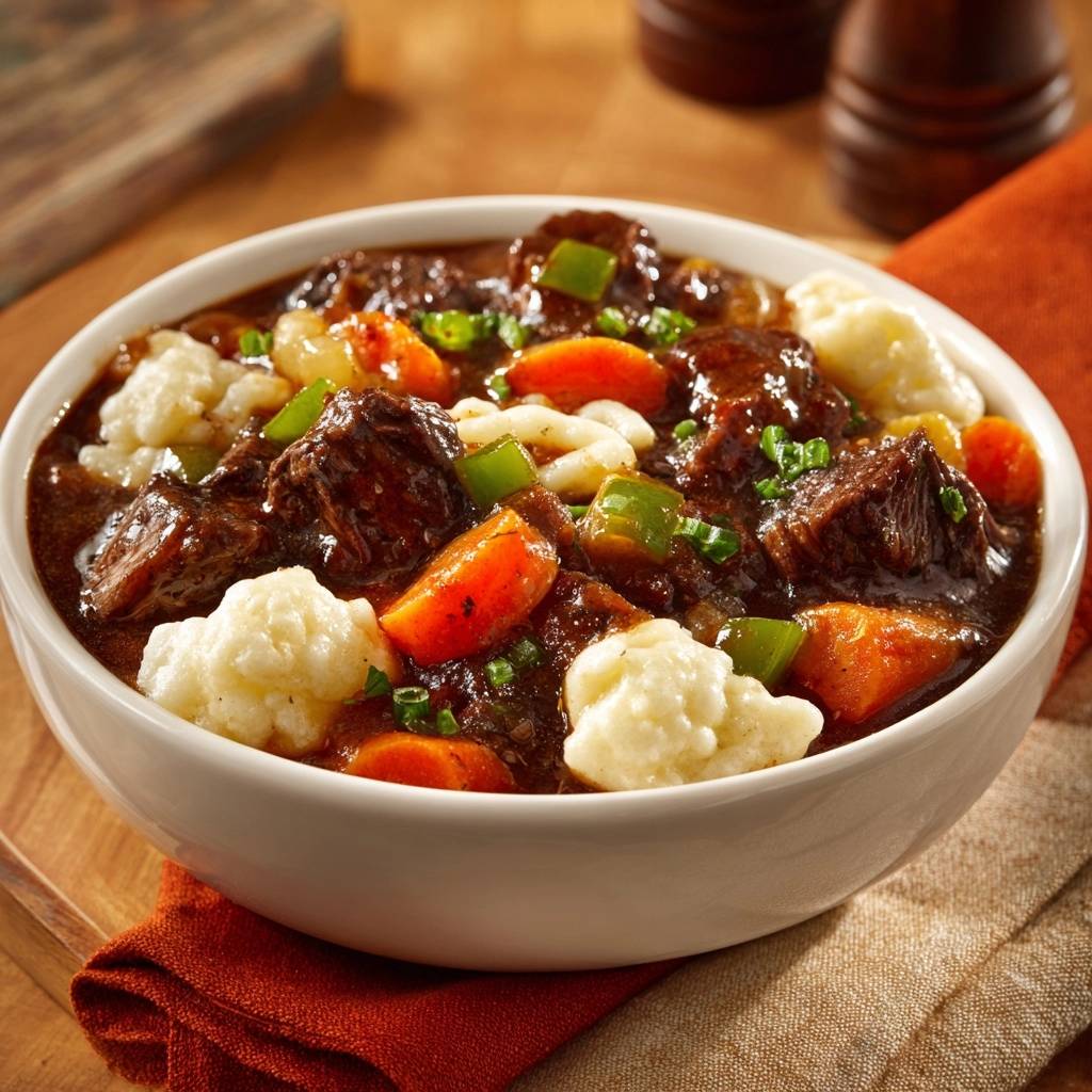 Rindergulasch mit Knödeln in einer weißen Schüssel, Nahaufnahme mit Karotten und grünen Paprika