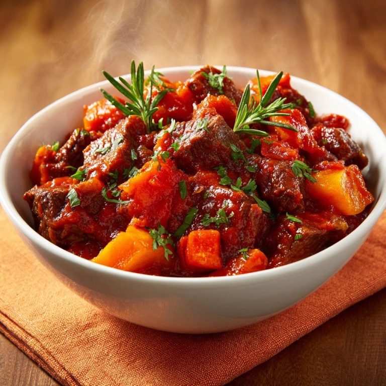 Zartes Rindfleischgulasch mit Karotten, serviert in einer Schüssel mit frischem Rosmarin und Dampf, der aufsteigt.