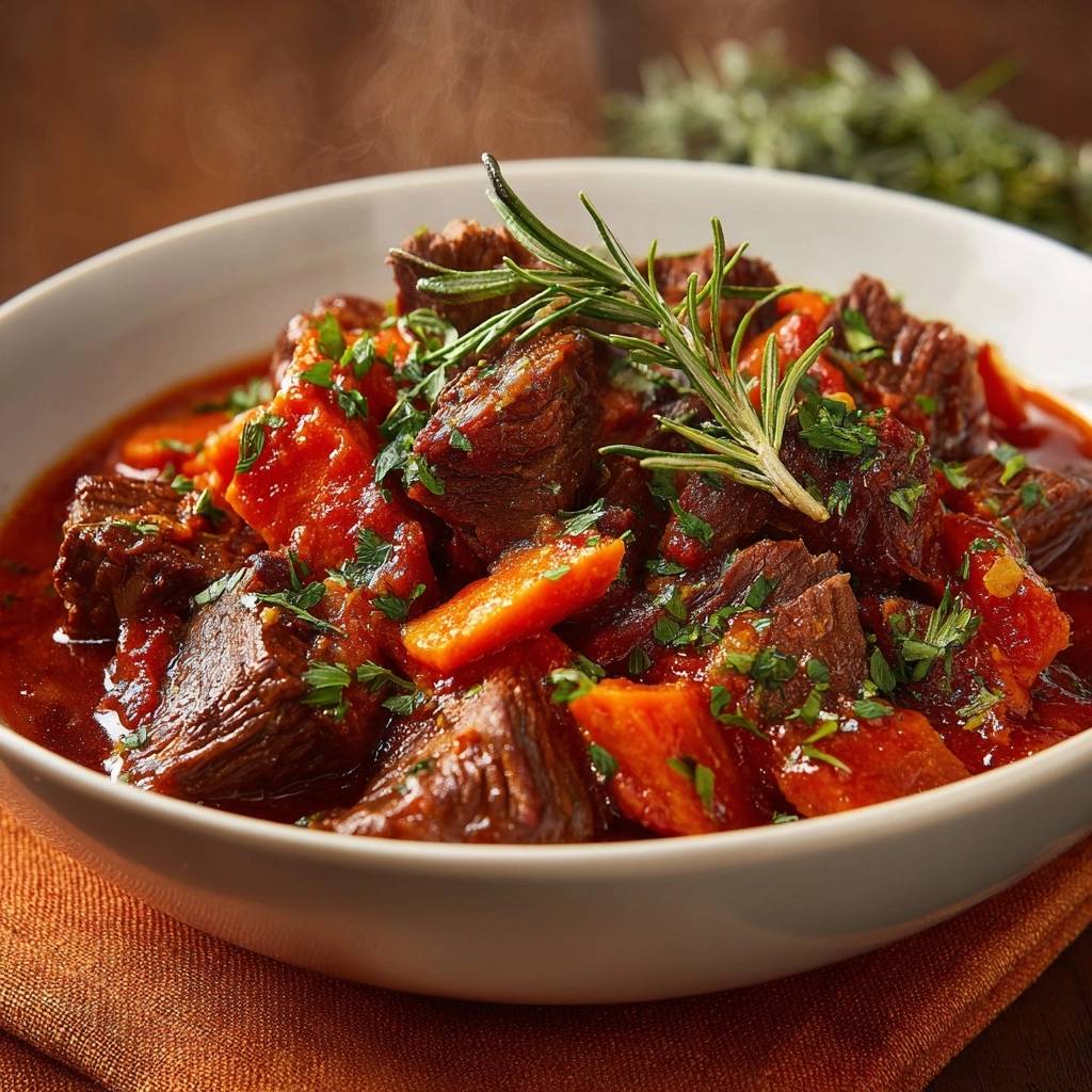 Zartes Rindfleischgulasch mit Karotten, garniert mit Rosmarin und Petersilie, dampfend in einer weißen Schüssel serviert.
