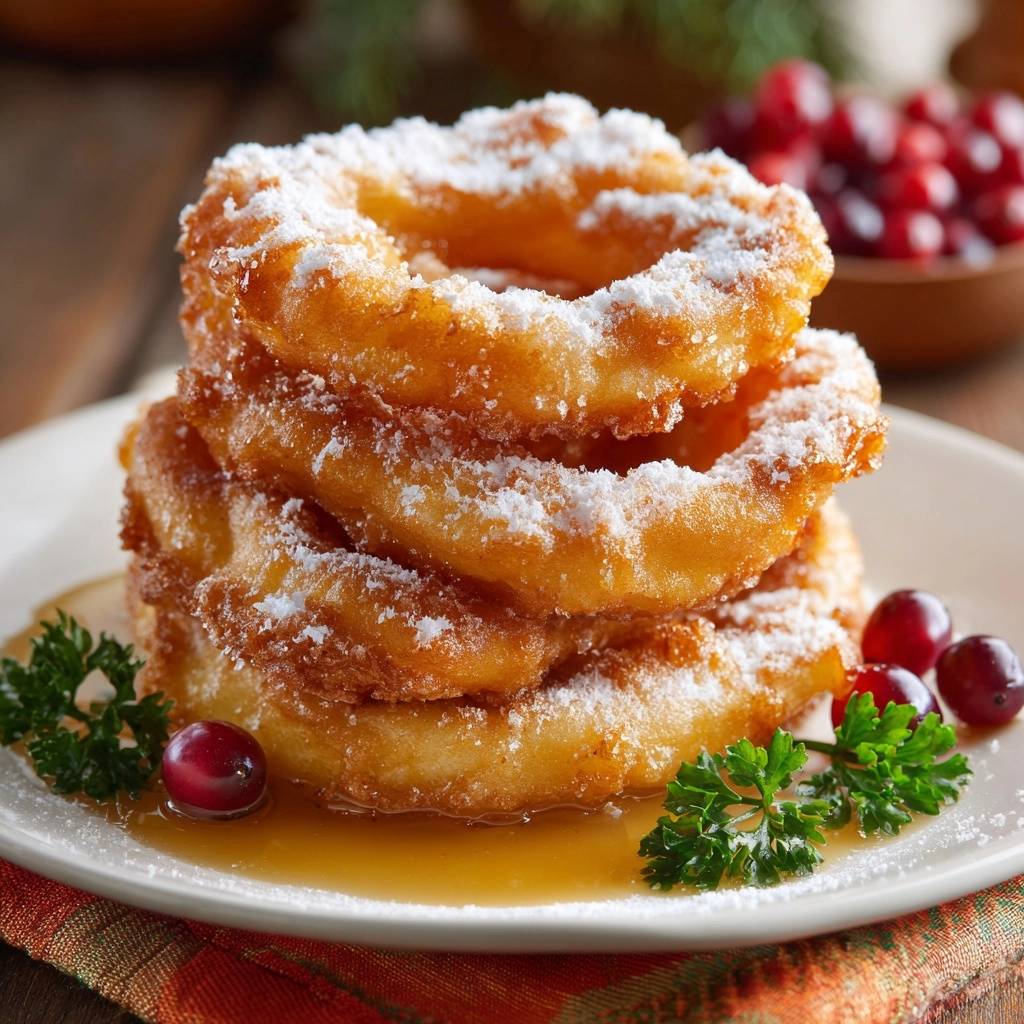 Fluffige Ring-Donuts mit Puderzucker & Cranberry-Sirup, angehäuft auf einem Teller und mit Puderzucker bestäubt.