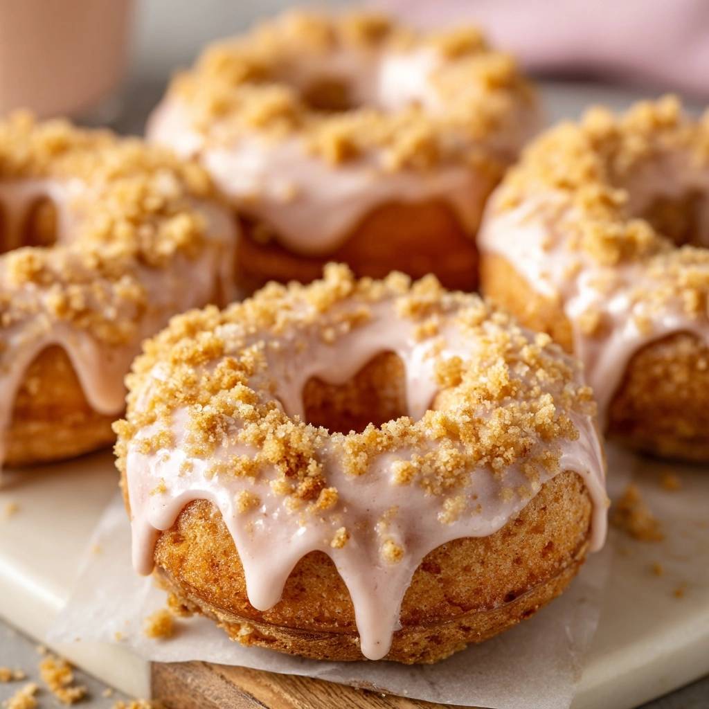 Rosa glasierte Donuts mit knusprigen Streuseln, Nahaufnahme der zarten Glasur und der Krümel.