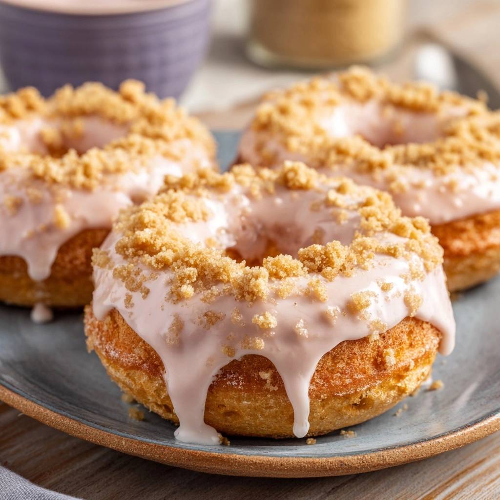 Rosa glasierte Donuts mit knusprigen Streuseln, nahaufnahme der glasierten Oberfläche und der Streuseltextur