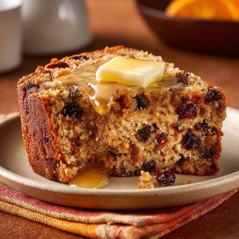 Saftiges Rosinenbrot angeschnitten mit einem Stück Butter und Honig, das auf den Kuchen tropft.