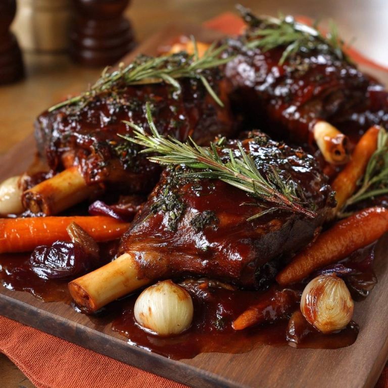 Rosmarin-Lammstelzen mit Karotten und Pflaumen, detailreich mit frischen Kräutern garniert und glänzend glasierter Sauce.