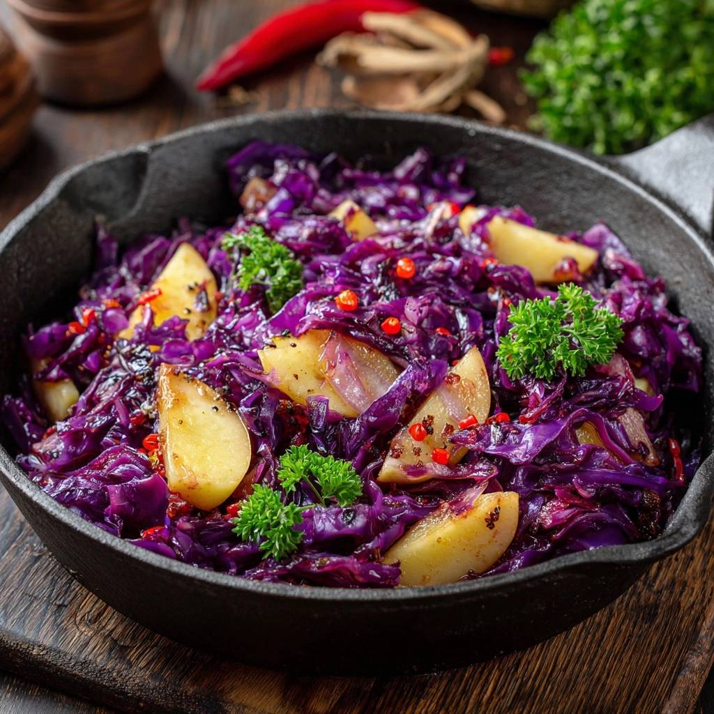 Knackige Rotkohl-Kartoffel-Pfanne mit detaillierter Garnitur aus Petersilie und roten Chiliflocken in einer Gusseisenpfanne.