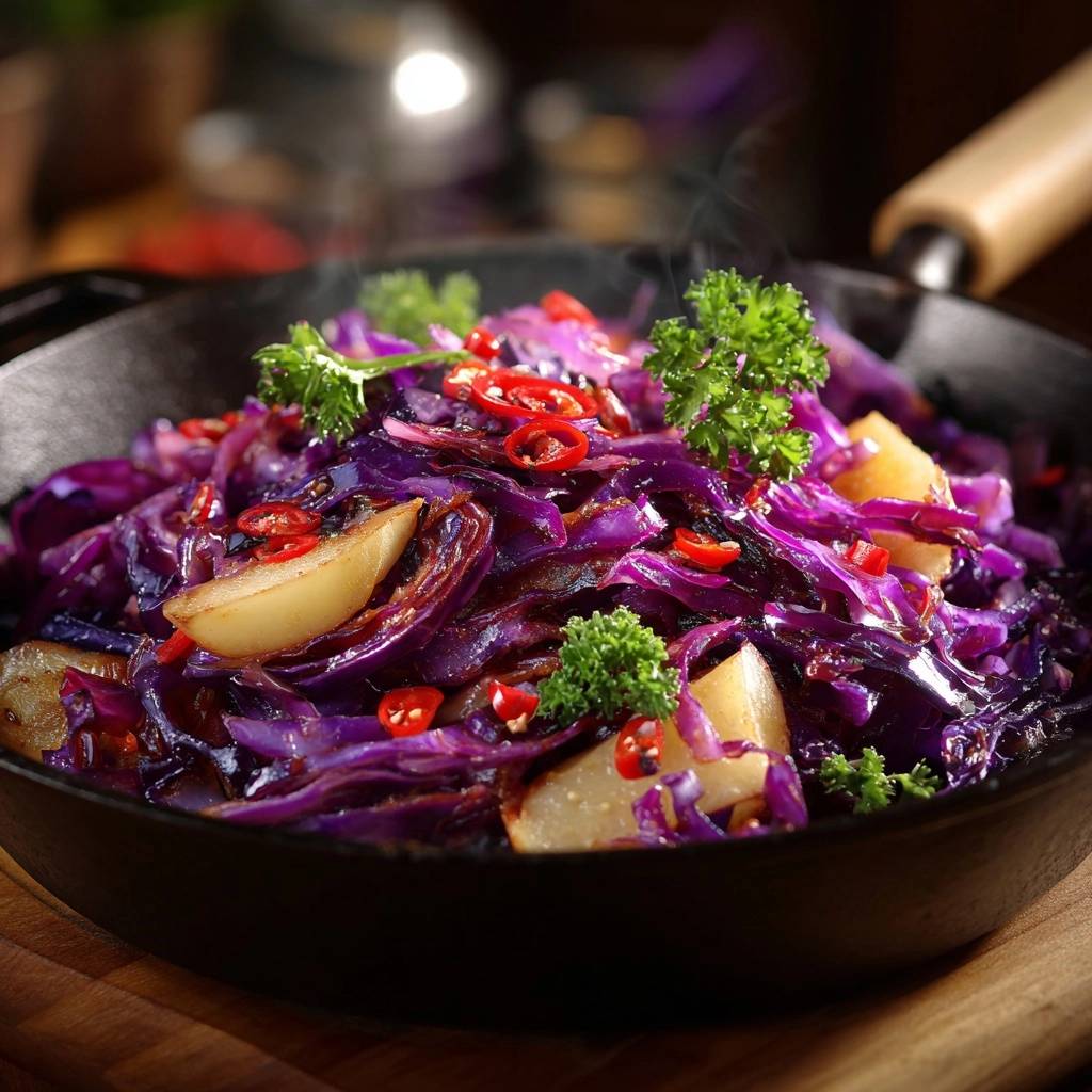 Knackige Rotkohl-Kartoffel-Pfanne heiss dampfend in einer Gusspfanne mit Chili und Petersilie garniert.